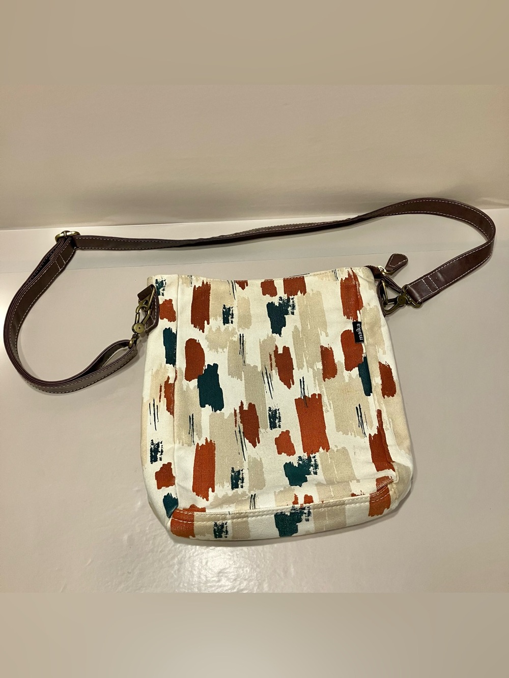 Maika Large Crossbody Purse Boho Bag Abstract Design Vegan Brown Leather Strap